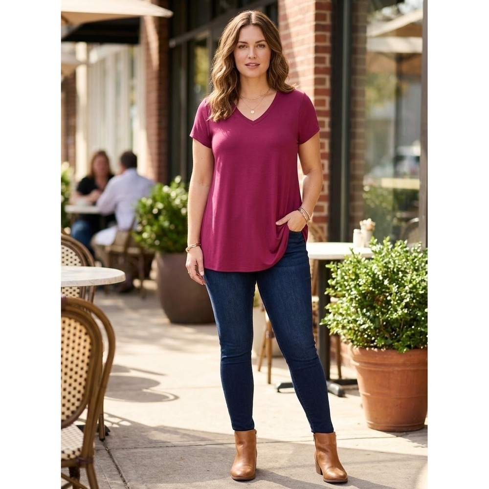 SheBird The Flawless V-Neck Tunic Berry Wine Built-in Bra Modal Blend Size 2